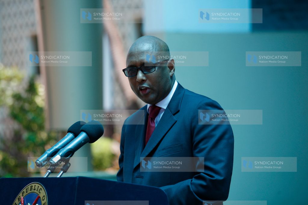 Industrialization and Enterprise Development Cabinet Secretary Adan Mohamed address journalists