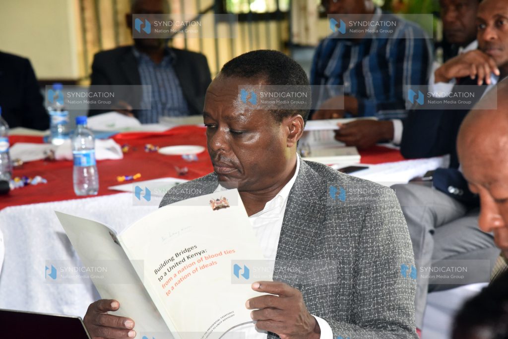 Former Embu Senator Lenny Kivuti reading the BBI report