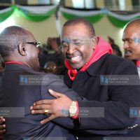 Meru Governor-elect Kiraitu Murungi (left) and Senator-elect Mithika Linturi celebrate after they were declared winners