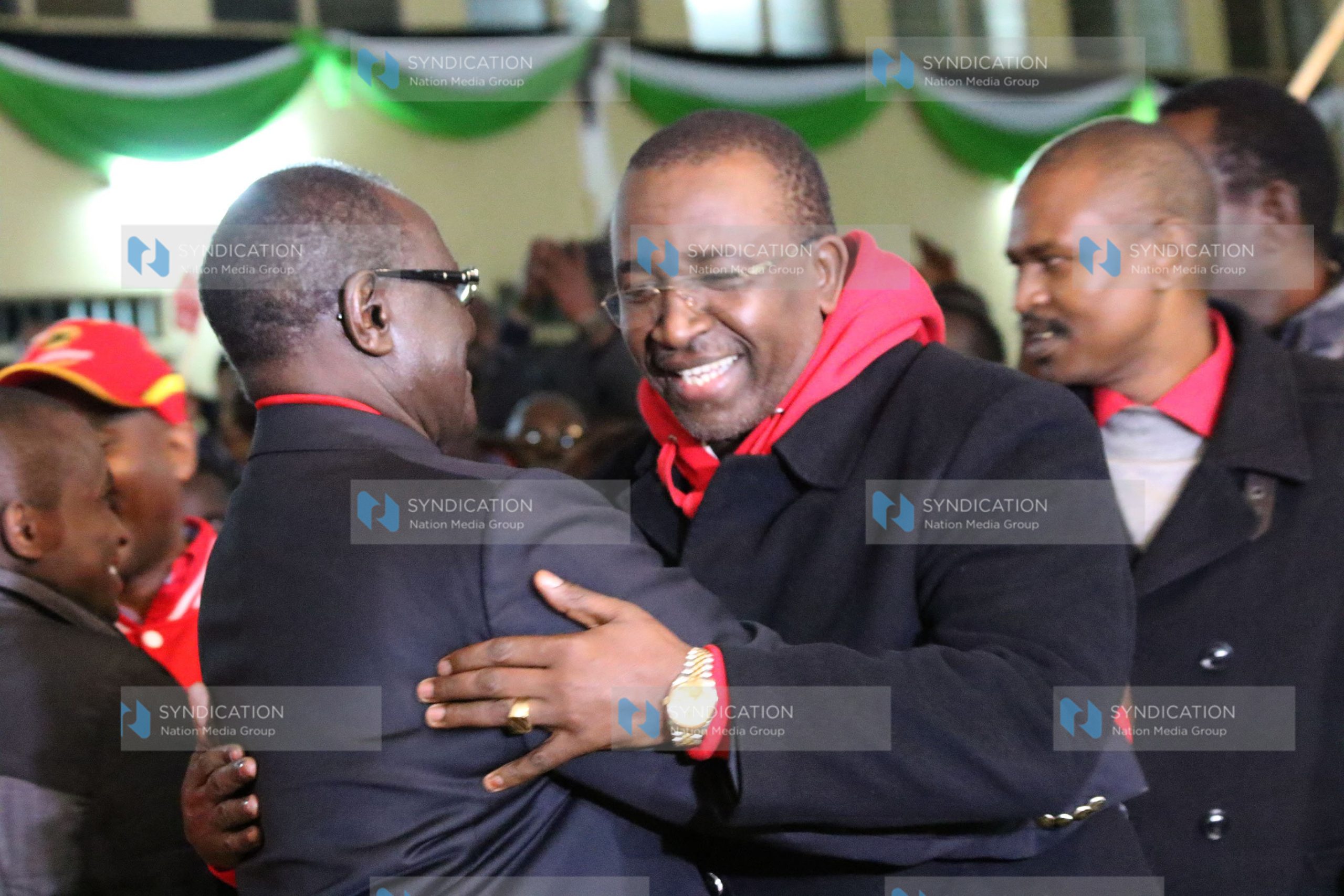 Meru Governor-elect Kiraitu Murungi (left) and Senator-elect Mithika Linturi celebrate after they were declared winners
