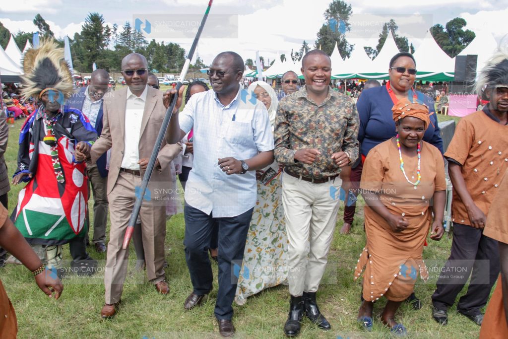 Cooperatives, Micro and Small Enterprises CS Simon Chelugui, accompanied by Molo MP Kuria Kimani and other leaders