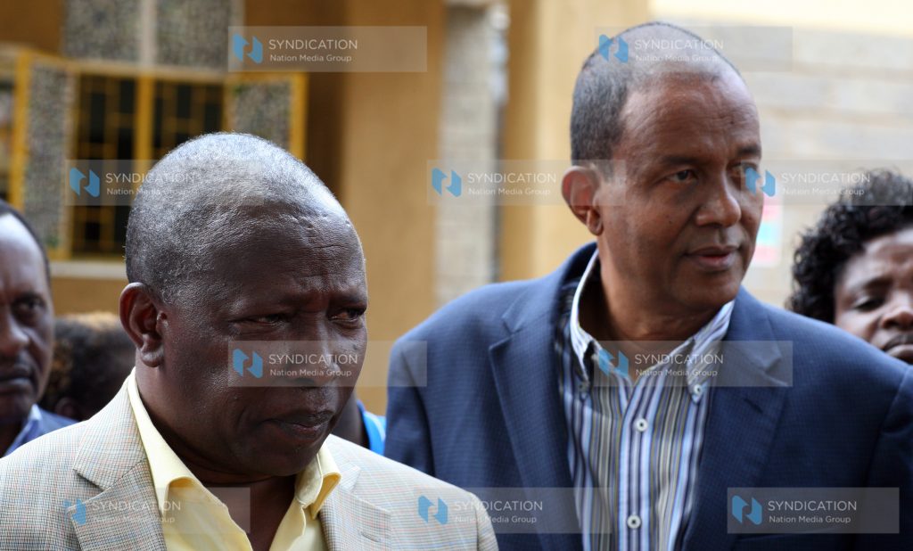 Starehe Member of Parliament Maina Kamanda (left) and his Kamukunji counterpart Yusuf Hassan addressing journalists