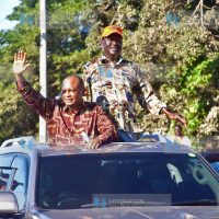 ODM leader Raila Odinga arrives at Ukunda for a rally accompanied by Kwale Senator Boy Issa Juma
