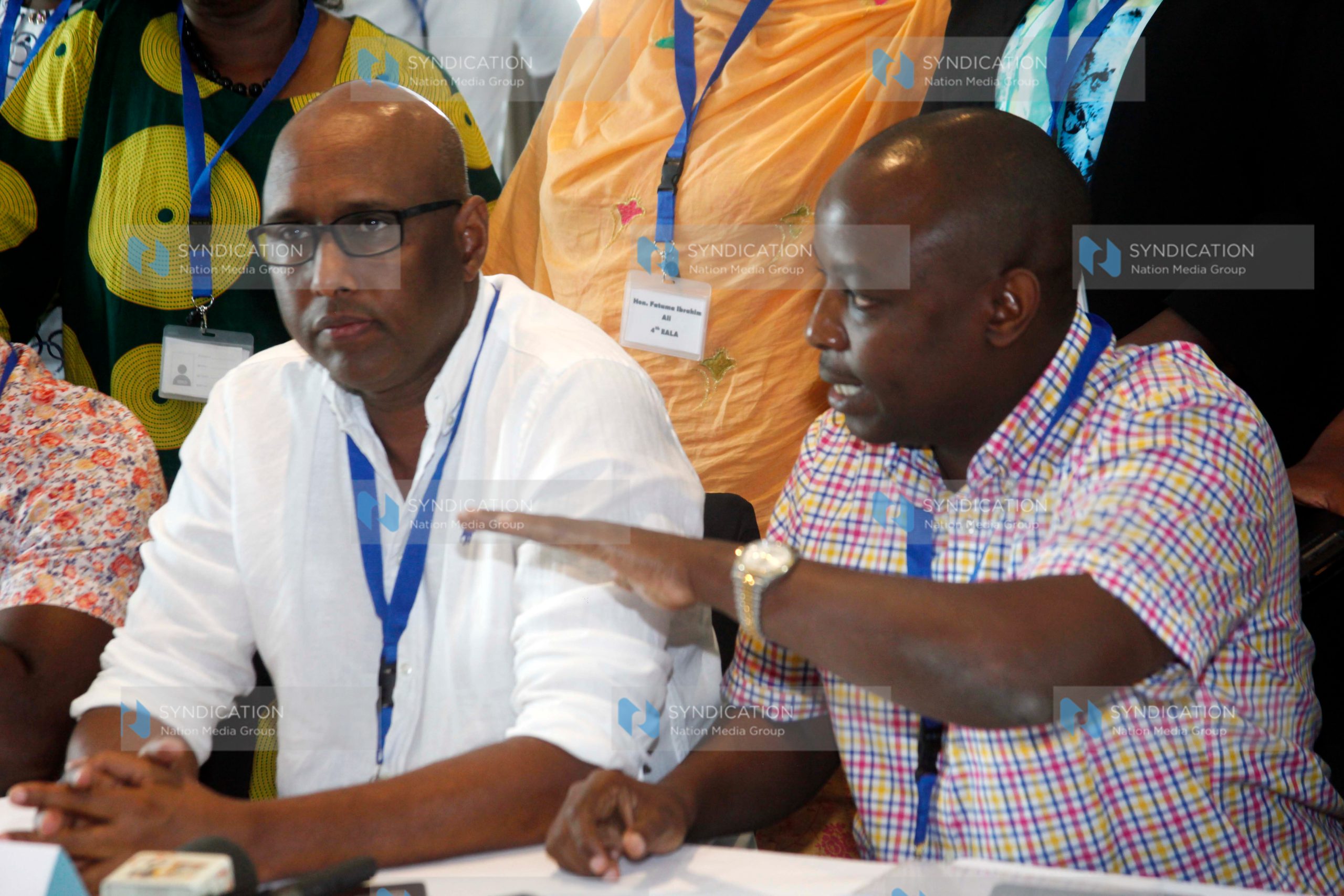 The chairman EALA Mr. Simon Mbugua accompanied with trade CS Mr. Adan Mohamed address journalists