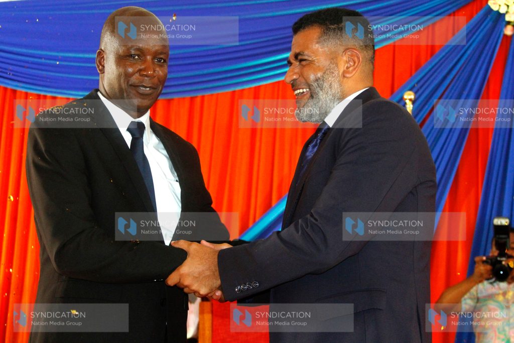 Mombasa ODM Governor Aspirant Abdulswamad Nassir (right) during the unveiling of his Running mate Francis Thoya