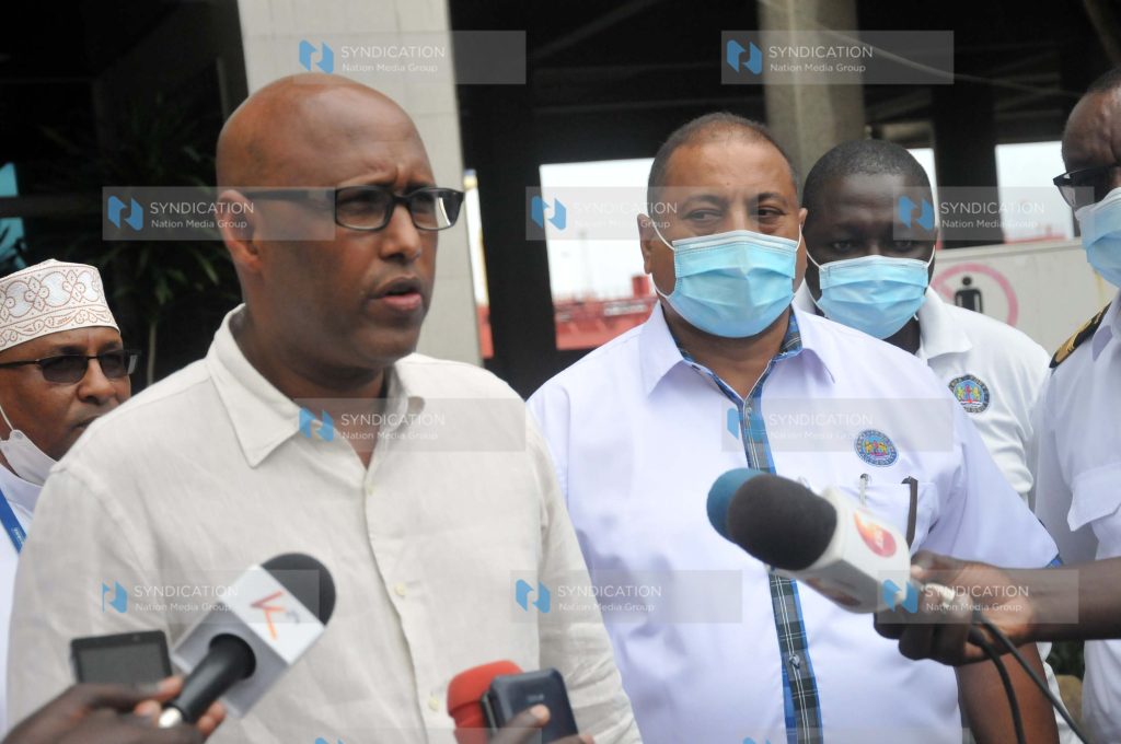 The Cabinet secretary for EAC Mr. Adan Mohamed accompanied with acting KPA Managing director Mr. Rashid Salim address journalists