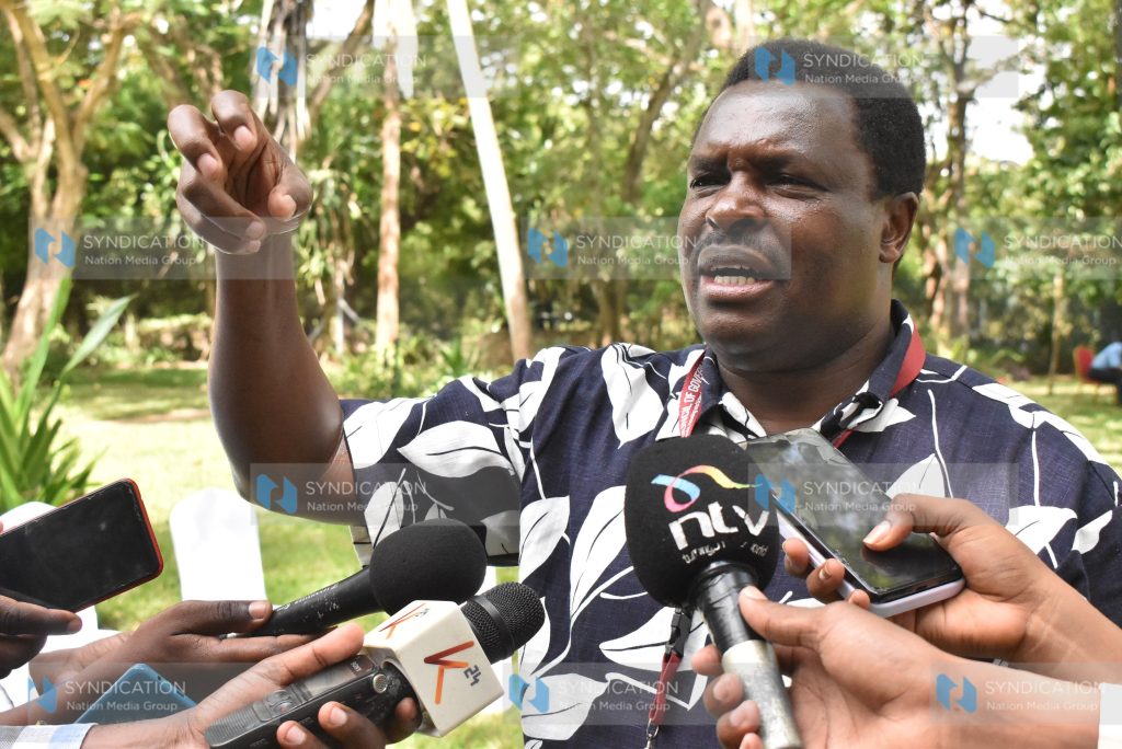 Tharaka Nithi Governor Muthomi Njuki addresses the press on the sidelines of a two-day Council of Governors' Retreat