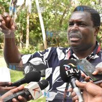 Tharaka Nithi Governor Muthomi Njuki addresses the press on the sidelines of a two-day Council of Governors' Retreat