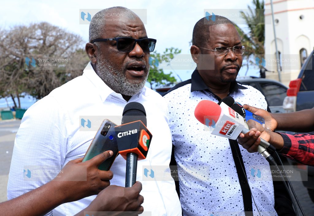 Mombasa County Senator Mohamed Faki with his Kilifi counterpart Stewart Madzayo address the press