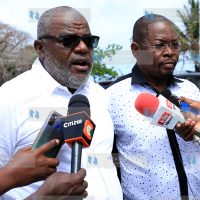 Mombasa County Senator Mohamed Faki with his Kilifi counterpart Stewart Madzayo address the press