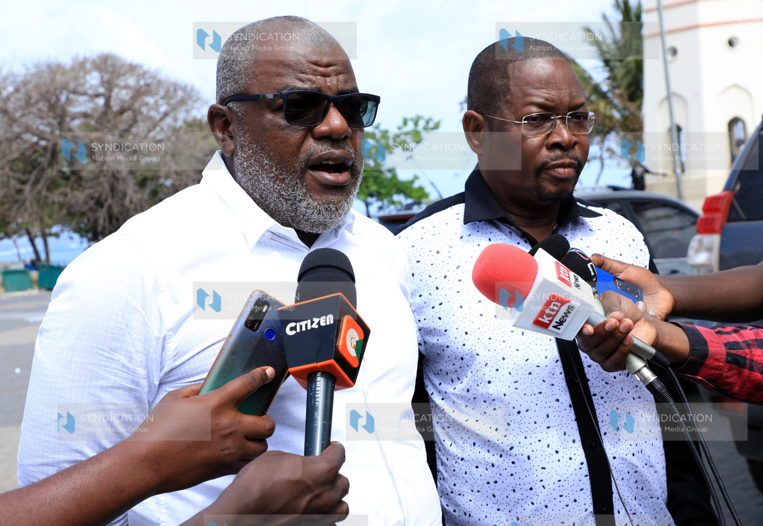 Mombasa County Senator Mohamed Faki with his Kilifi counterpart Stewart Madzayo address the press