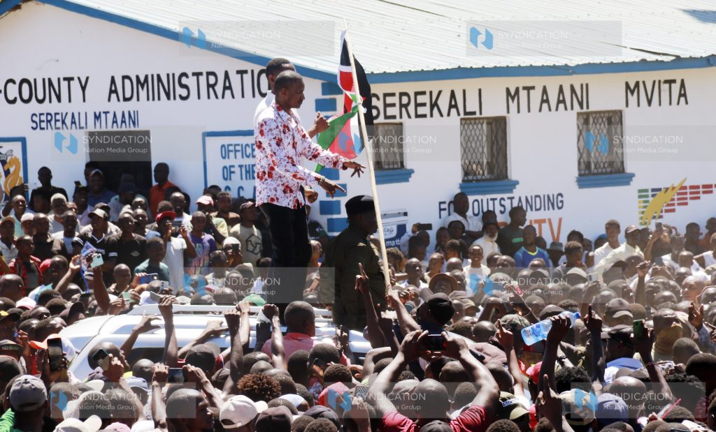 Embakasi East MP Babu Owino at Tononoka Grounds during the Linda Mwananchi Rally