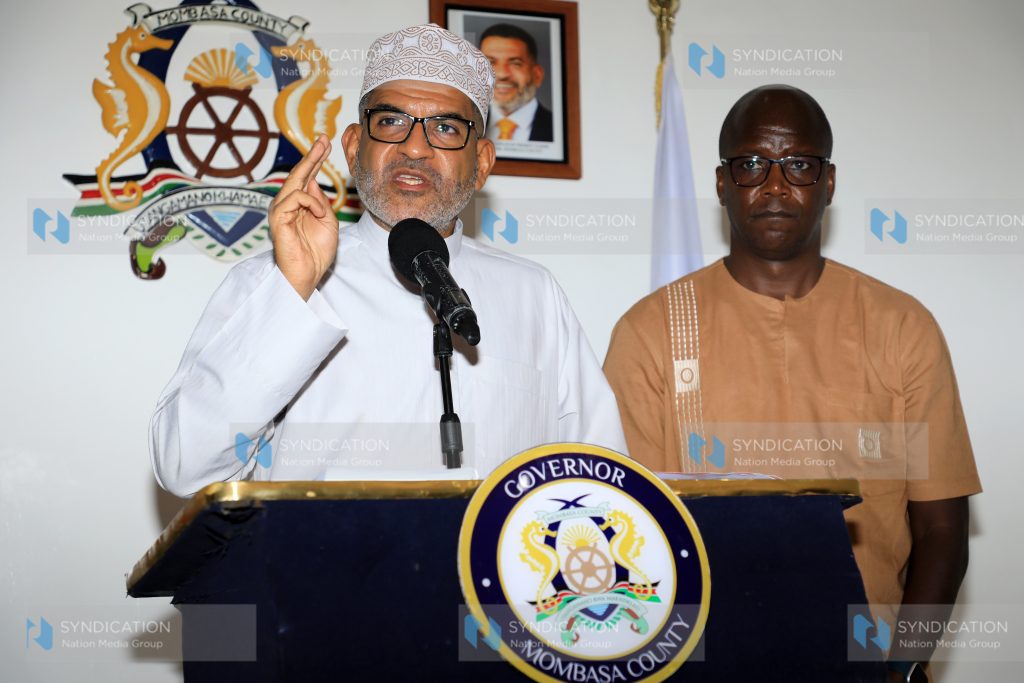 Mombasa Governor Abdulswamad Nassir with his Deputy Francis Thoya addressing members of the press