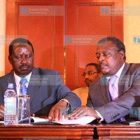 CORD coalition presidential candidate Raila Odinga (left) and Federal Party leader Cyrus Jirongo sign an agreement