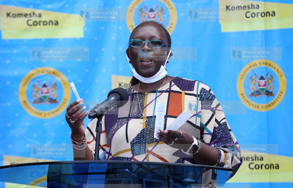 Trade and Industrialization CS Betty Maina displays testing kits to the country on Covid 19