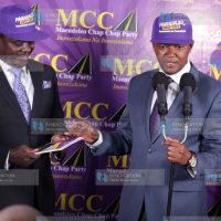 Machakos Governor Dr. Alfred Mutua (right) with Embu Senator Lenny Kivuti (left) during a press conference