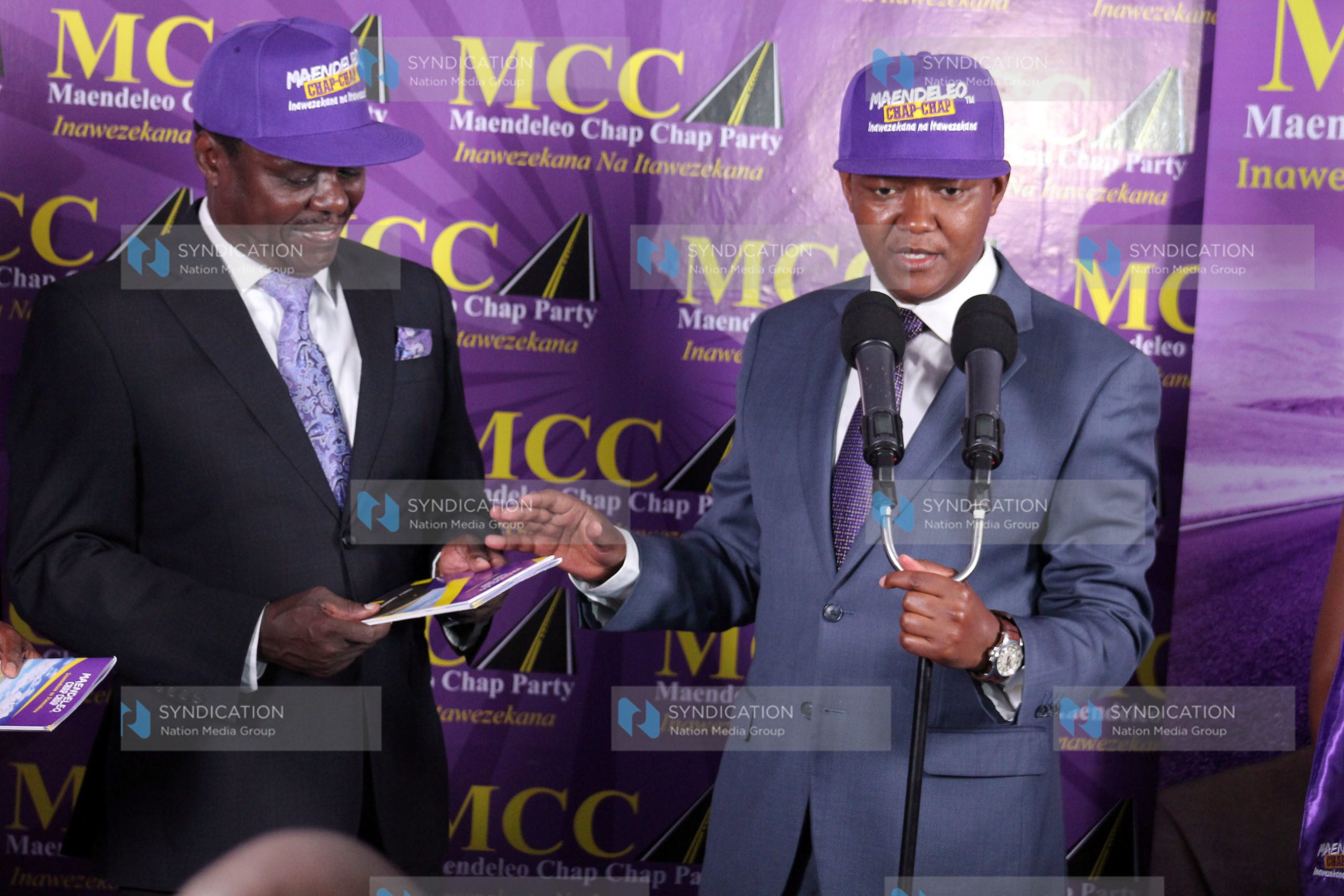 Machakos Governor Dr. Alfred Mutua (right) with Embu Senator Lenny Kivuti (left) during a press conference