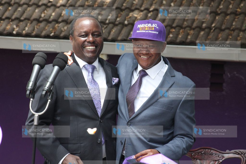 Machakos Governor Dr. Alfred Mutua (right) with Embu Senator Lenny Kivuti (left) during a press conference