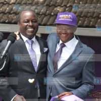 Machakos Governor Dr. Alfred Mutua (right) with Embu Senator Lenny Kivuti (left) during a press conference