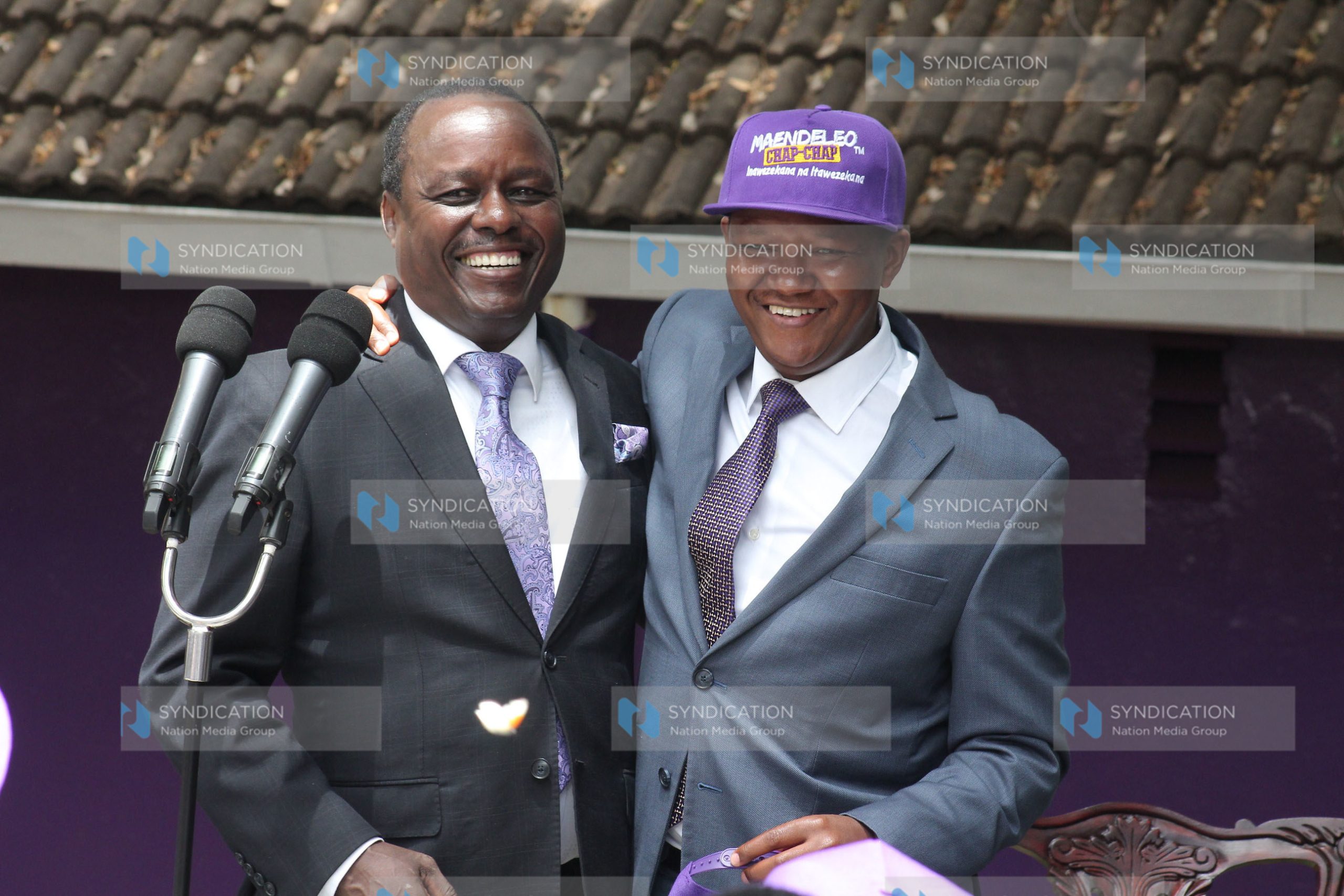 Machakos Governor Dr. Alfred Mutua (right) with Embu Senator Lenny Kivuti (left) during a press conference