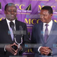 Machakos Governor Dr. Alfred Mutua (right) with Embu Senator Lenny Kivuti (left) during a press conference