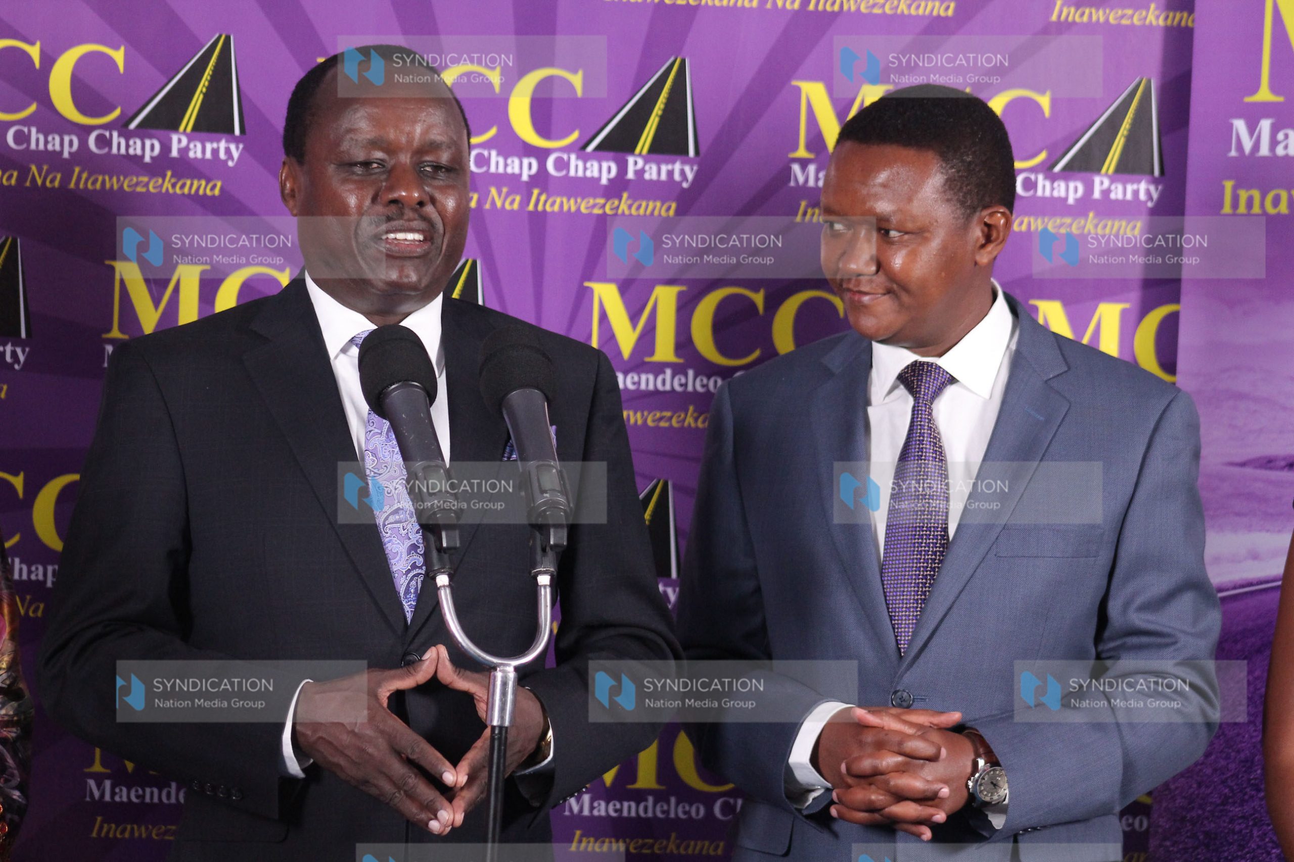 Machakos Governor Dr. Alfred Mutua (right) with Embu Senator Lenny Kivuti (left) during a press conference