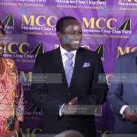 Machakos Governor Dr. Alfred Mutua (right), Embu Senator Lenny Kivuti (centre), and his wife Hildah Kivuti (left) during a press conference