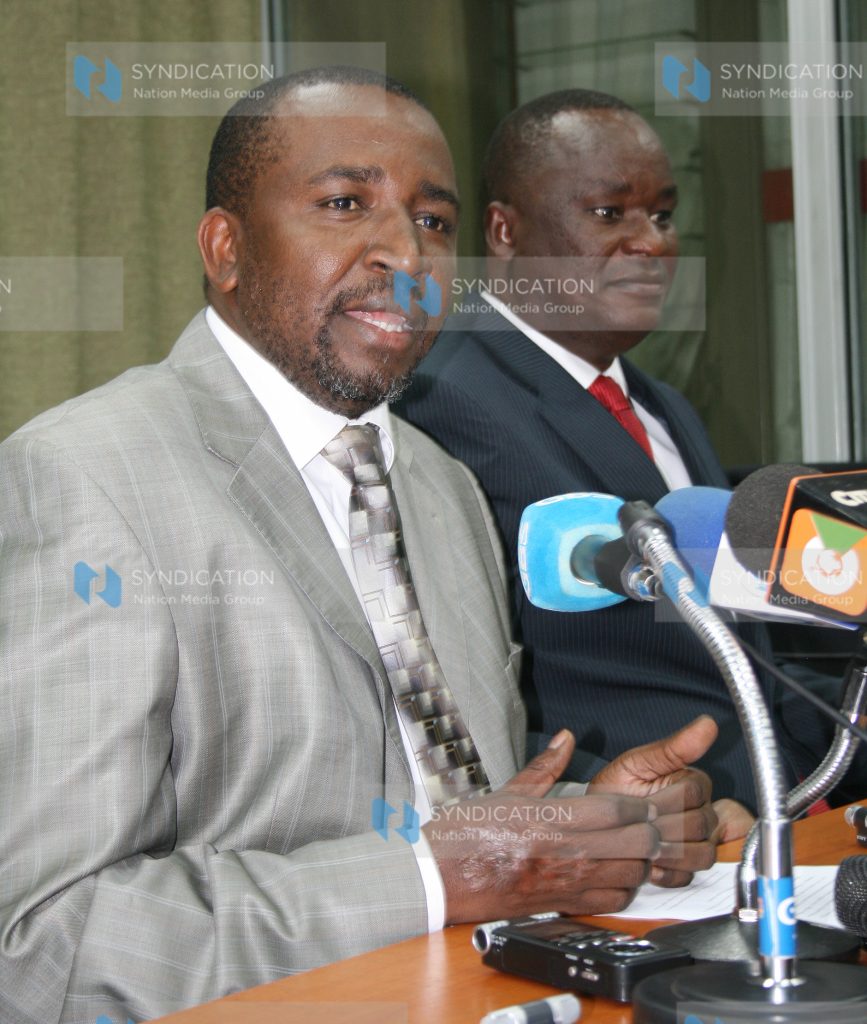 MPs advocating the rejection of the proposed draft Constitution, Mithika Linturi and Kiema Kilonzo, address journalists