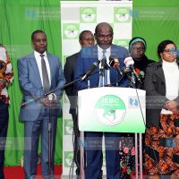 Independent Electoral and Boundaries Commission (IEBC) Chairman Wafula Chebukati (center, podium) briefs media