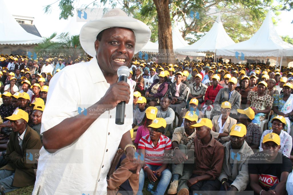 Siakago MP Lenny Kivuti addresses party supporters at his Kanyuambora home