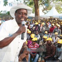 Siakago MP Lenny Kivuti addresses party supporters at his Kanyuambora home
