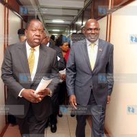 (IEBC) Chairman Wafula Chebukati (right) after the press conference at Jogoo house