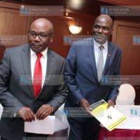 Independent Electoral and Boundaries Commission (IEBC) Chairman Wafula Chebukati (right) with Attorney General Prof Githu Mungai (left) during the press conference