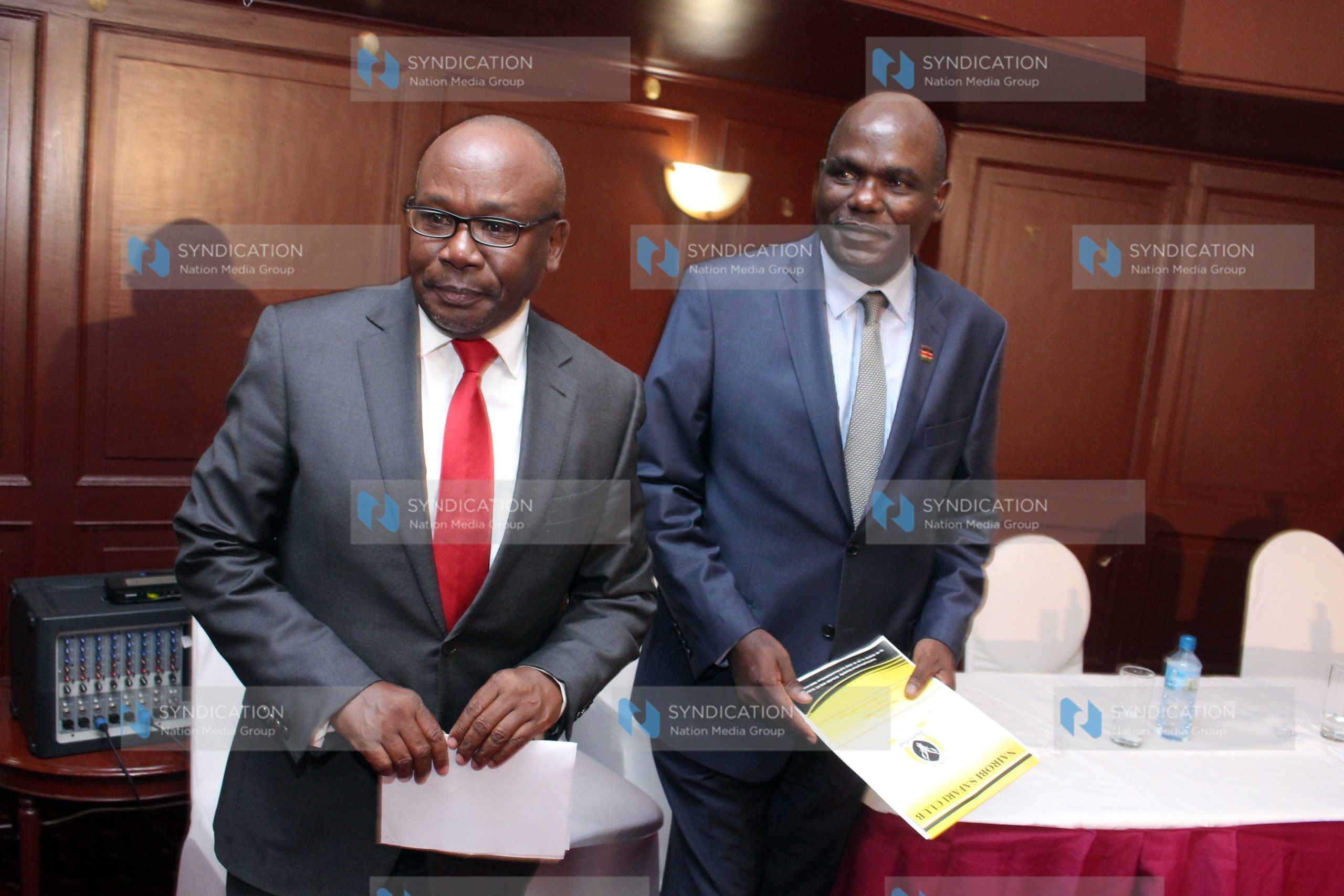 Independent Electoral and Boundaries Commission (IEBC) Chairman Wafula Chebukati (right) with Attorney General Prof Githu Mungai (left) during the press conference