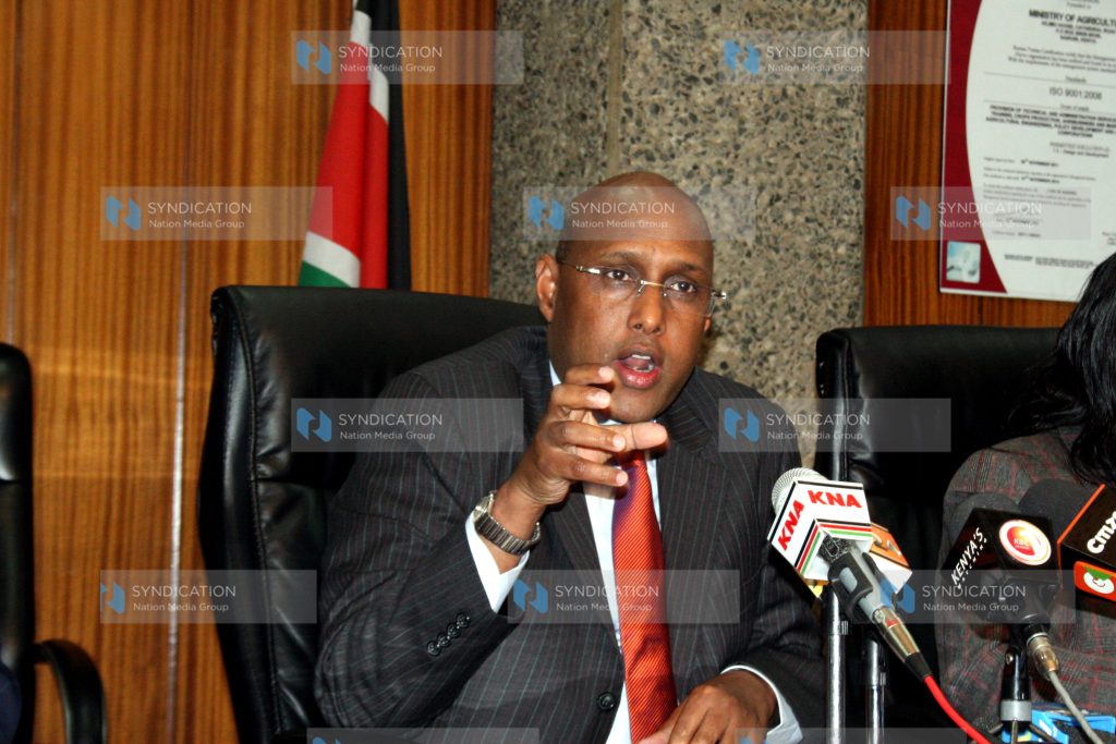 Acting Cabinet Secretary for Agriculture Adan Mohamed addressing press