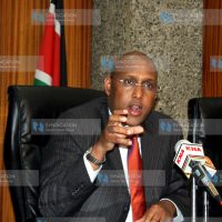 Acting Cabinet Secretary for Agriculture Adan Mohamed addressing press