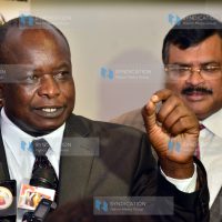 Ndhiwa Constituency MP Martin Peters Owino (left) briefs media