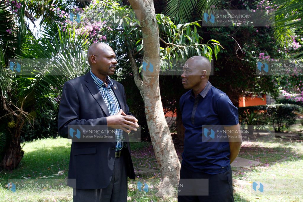 ODM Homabay Senatorial aspirants Kenneth Kambona (left) and Caroli Omondi in a discussion