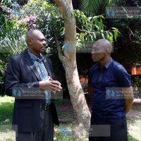 ODM Homabay Senatorial aspirants Kenneth Kambona (left) and Caroli Omondi in a discussion