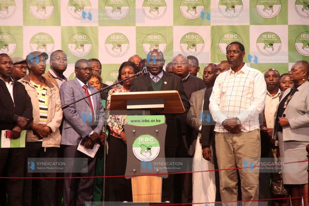 The Chairperson of the IEBC Wafula Chebukati (centre) made a press statement