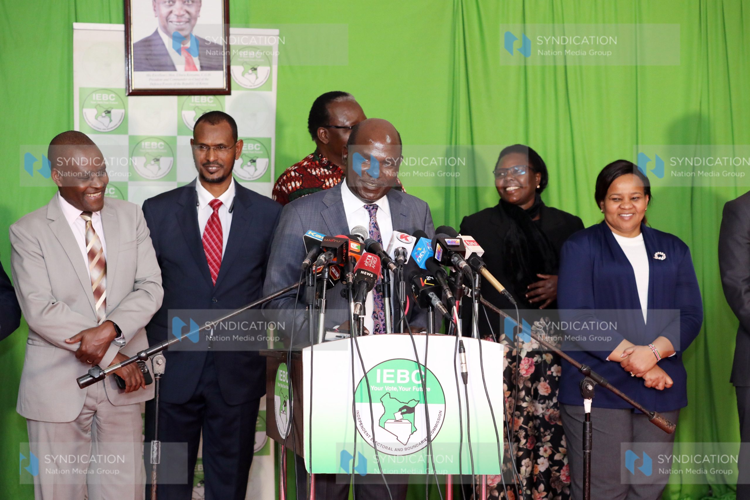 Wafula Chebukati and the Commissioners addressing the media