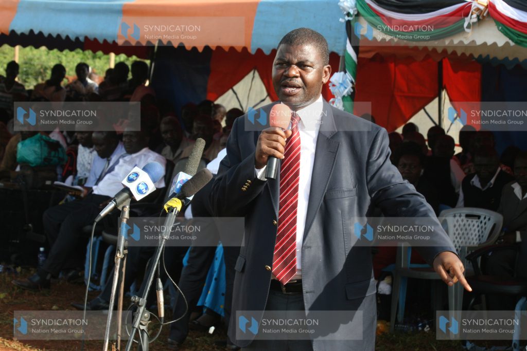 Ruaraka MP Tom Kajwang addresses guests on Thursday during the groundbreaking of Ugenya Teachers Training college