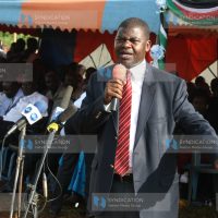 Ruaraka MP Tom Kajwang addresses guests on Thursday during the groundbreaking of Ugenya Teachers Training college