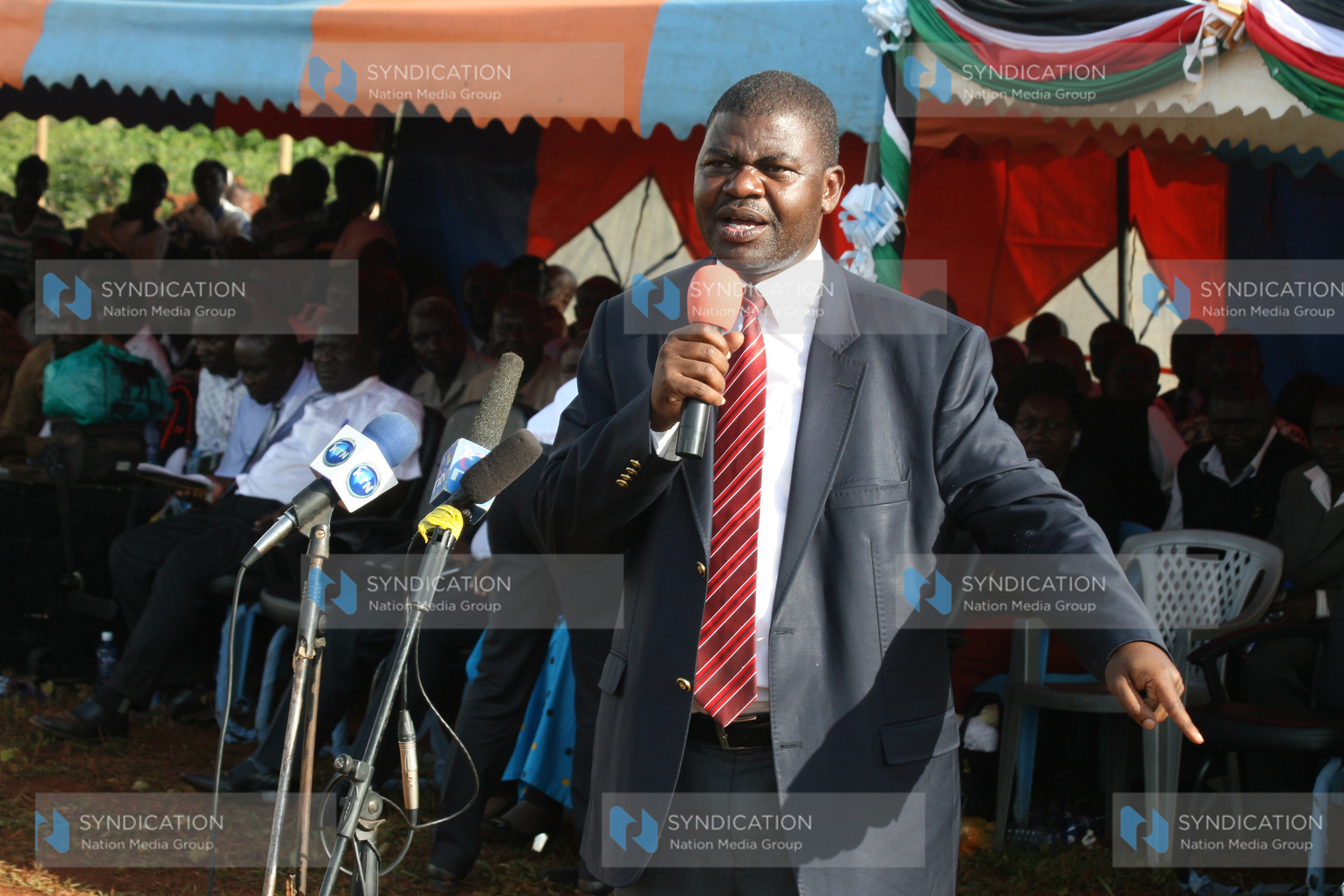 Ruaraka MP Tom Kajwang addresses guests on Thursday during the groundbreaking of Ugenya Teachers Training college