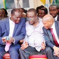 Meru Governor Kiraitu Murungi chats with Senator Mithika Linturi Deputy Governor Titus Ntuchiu