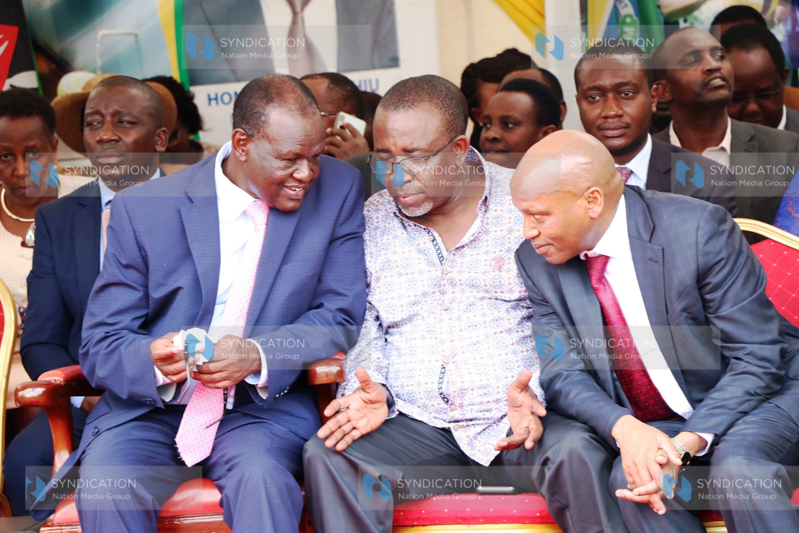 Meru Governor Kiraitu Murungi chats with Senator Mithika Linturi Deputy Governor Titus Ntuchiu