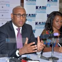 Cabinet Secretary Ministry of Industry, Trade and Cooperatives Adan Mohamed and Kenya Association of Manufactures (KAM) CEO Phyllis Wakiaga