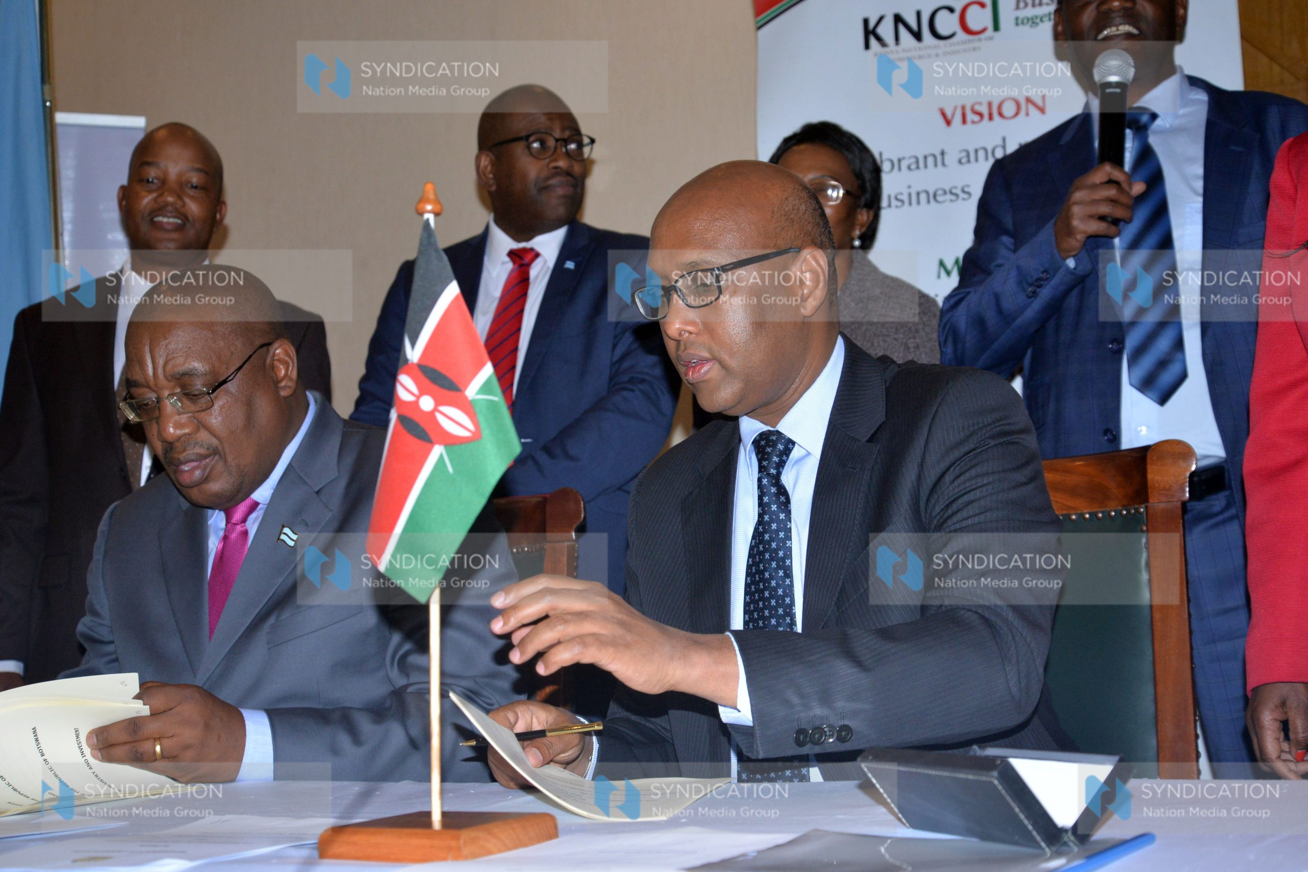 Botswana State Minister for Investment, Trade and Industry with his Kenya counterpart Adan Mohamed