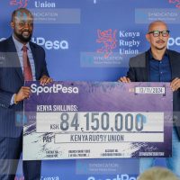 Sportpesa CEO Ronald Karauri with Kenya Rugby Union (KRU) Chairman Sasha Mutai