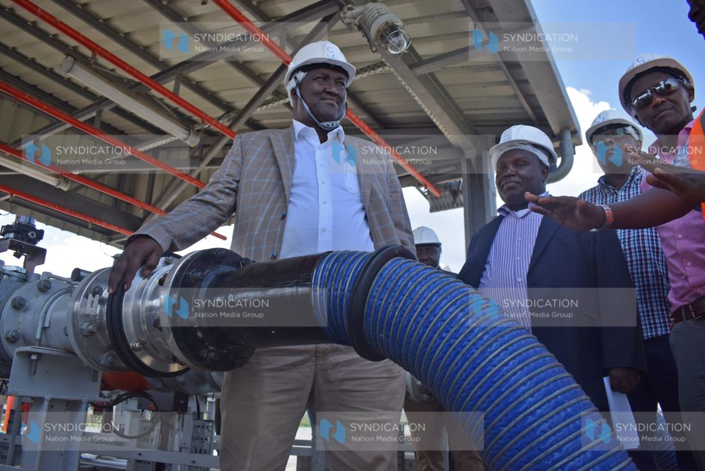 CS Petroleum and Mining John Munyes, leads a team on a tour of the completed Sh.1.7B oil jetty